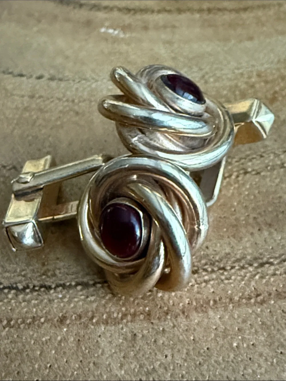 VTG Swank Gold Tone Love Knot Cufflinks Red Glass Cabochon Retro 1940s